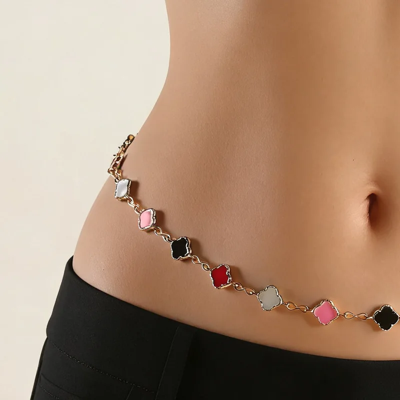 Colorful Enamel Four Leaf Clover Waist Chain Charming Slim Belly Jewelry Casual Daily Y2K Trend Body Accessories For Women