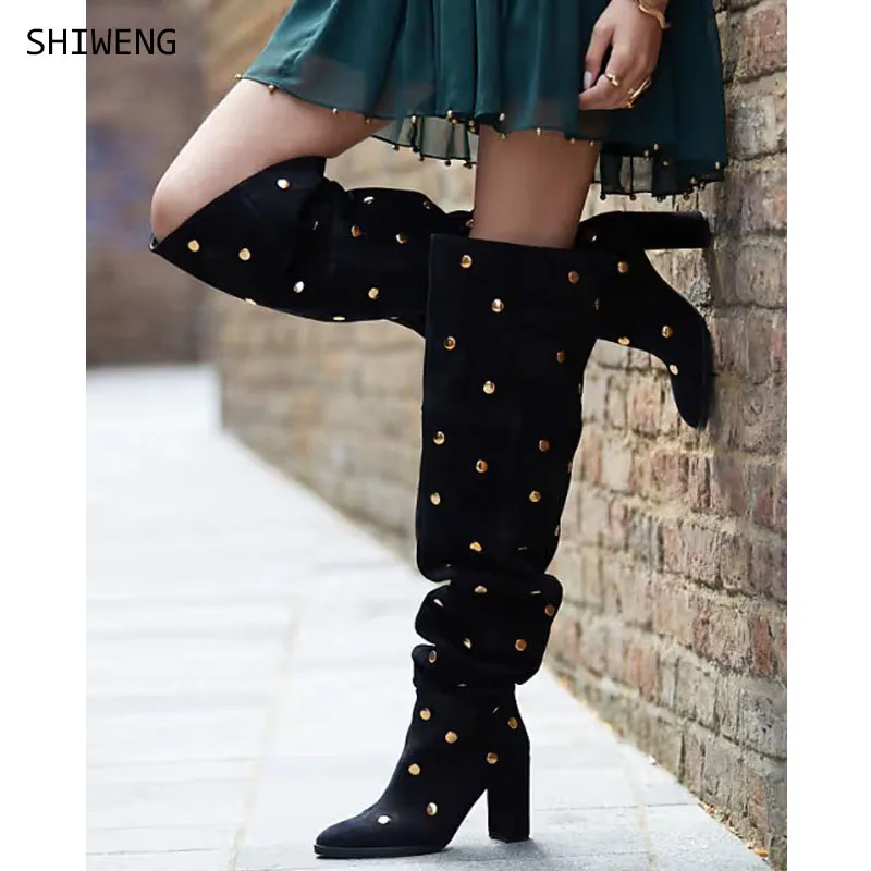 

Rivet Knee High Boots Ladies Pointy Toe Side Zipper Metal High Heels Shoes Women Fashion Sexy Hot Girl Boots 44