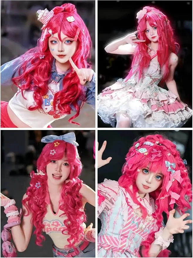 Długa Kręcona Peruka Cosplay z Grzywką w Kolorze Różowo-Czerwonym, Peruki Kucyk Anime w Kolorze Czerwono-Różowym, Urocze Peruki Kucyk dla Kobiet na Halloween
