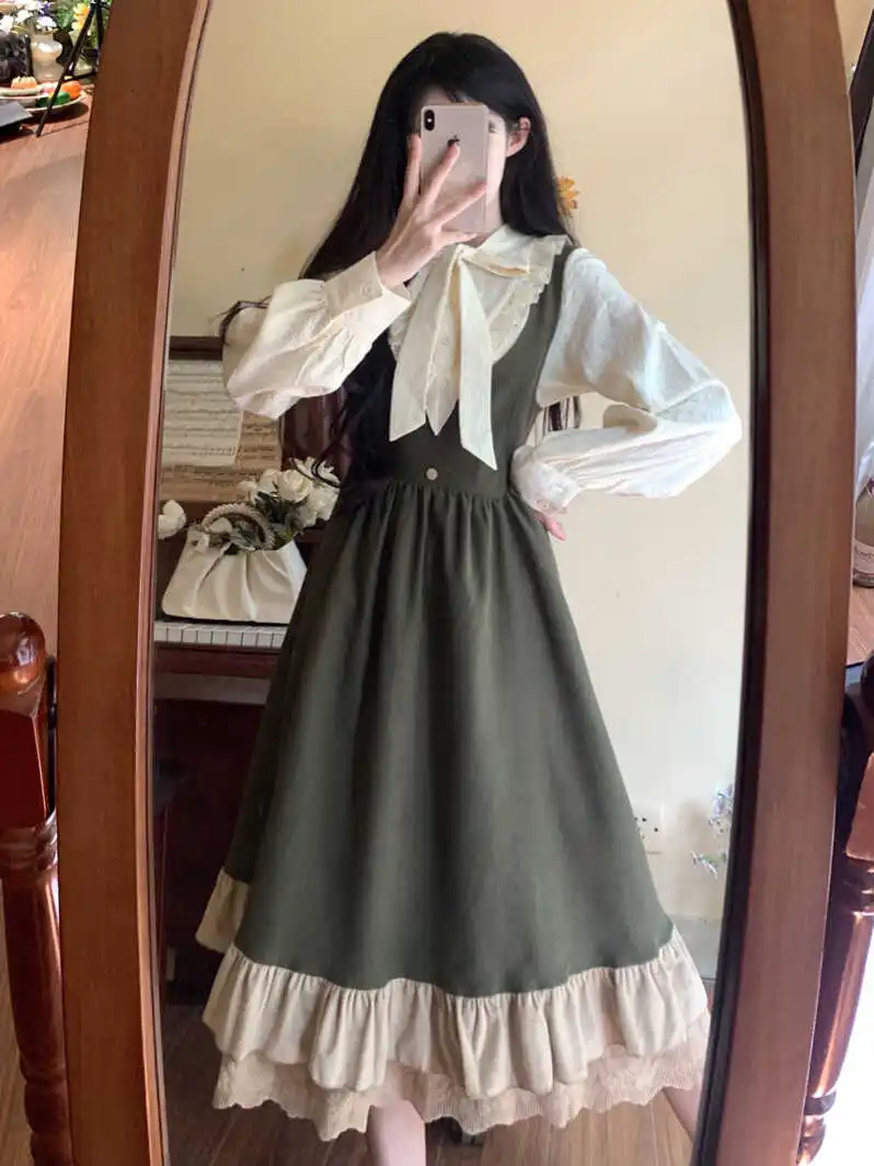 L-4XL plus size nova primavera lolita grande balanço vestido feminino temperamento princesa cinta vestidos branco camisa de manga longa conjunto de duas peças
