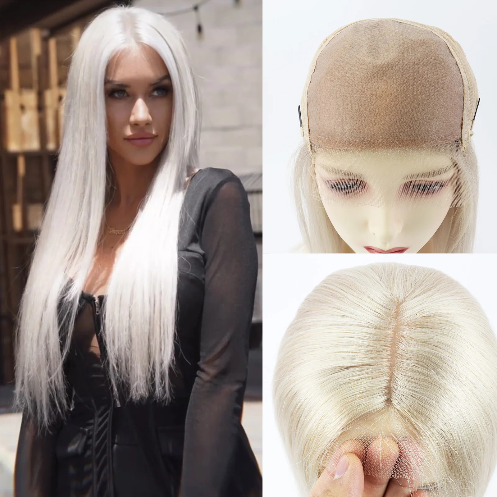 

100% натуральный парик из человеческих волос, 24 дюйма, на шелковой основе, из европейских волос, прямые, платиновый блонд, с кружевной передней частью, реалистичный вид кожи головы, для женщин