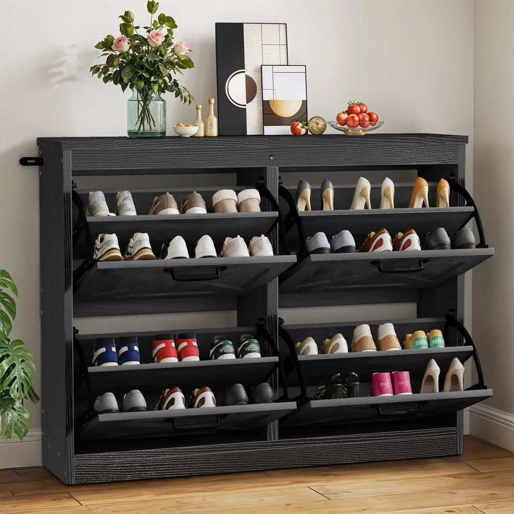 

Shoe Cabinet Storage Black Farmhouse w/ 4 Flip Drawers Sneakers Rack Organizer