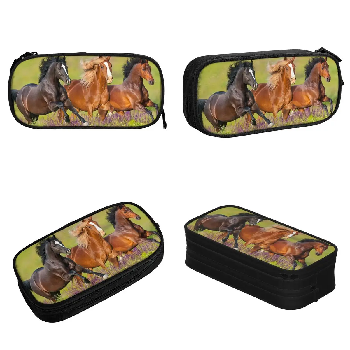 Horse Running Flower Meadow Pencil Case Galloping Animal Lovers Pencilcases Pen Holder Big Capacity Bags Office Gift Stationery