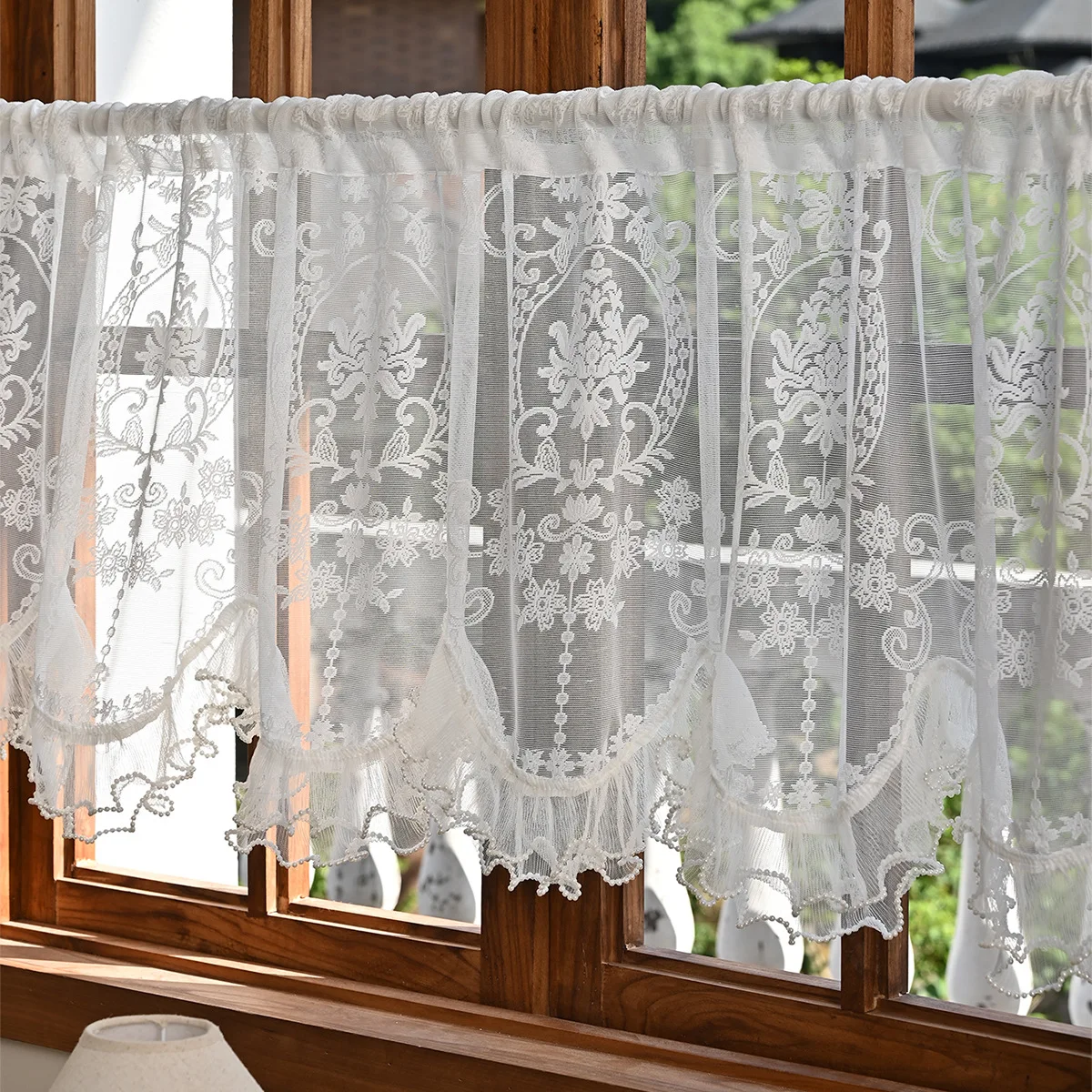 Window Valance Arched Lace White Semi-sheer Short Curtains Rod Pocket Floral Embroidery French Style Coffee Kitchen Valances