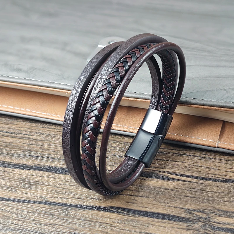 Vintage Herren Lederarmband Braun Geflochten Mehrschichtig Edelstahl-Verschluss Lässiges Armband Schmuck Geschenk für Freund – Detail 7