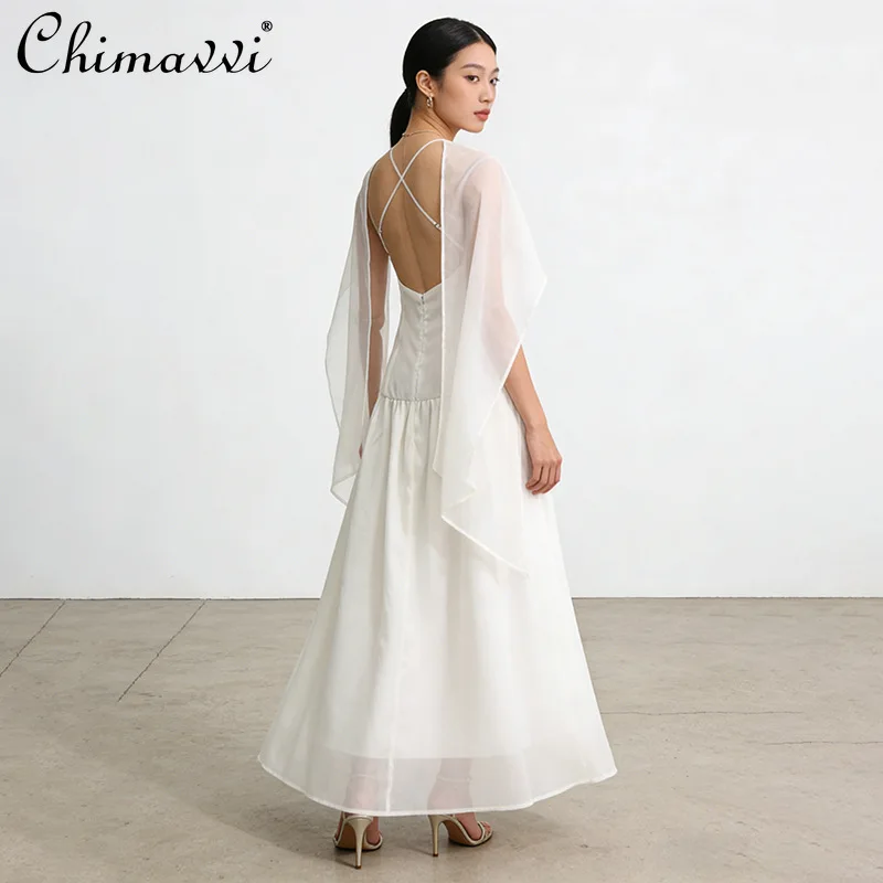 

2026 Spring French Elegant Fashion Shawl Off-shoulder Sleeveless Backless High Waist Temperament Casual White Long Dress Women