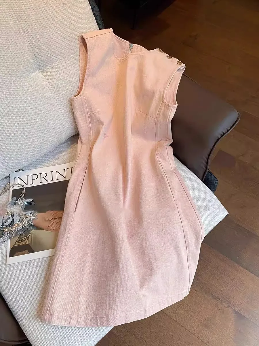 

Ele Pink Sweet Svel Dr Women's Summer New Sle Commute Korean Version A-Line Skirt Waist-Cinching Medium Softn