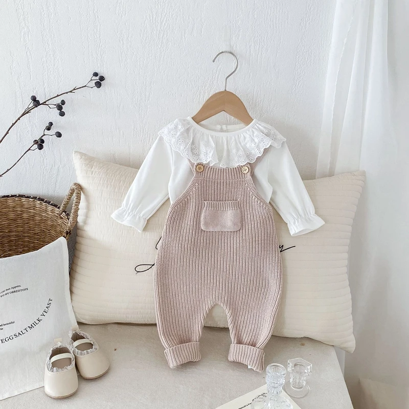 Suefunskry Cute Baby Boys Girls Overalls Sleeveless Front Pocket Solid Color Straps Rompers Newborn Knitted Outfit