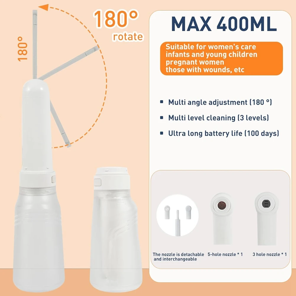 

ABUF-Portable Electric Rechargeable Bidet, 400Ml Water Tank, 3 Pressure Modes, Women's Perineal Bottle With 2 Nozzles
