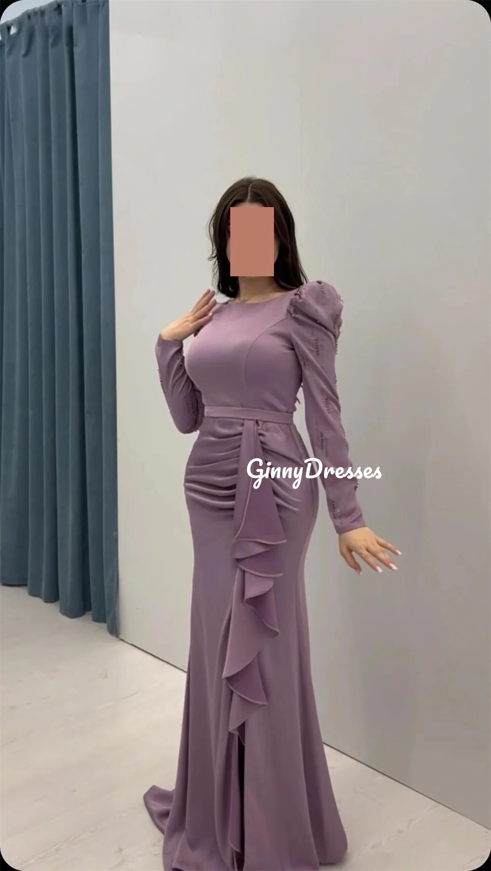 Vestidos personalizados para baile de formatura sereia decote colher até o chão plissado vestidos de noite de luxo mangas compridas vestidos de festa de casamento