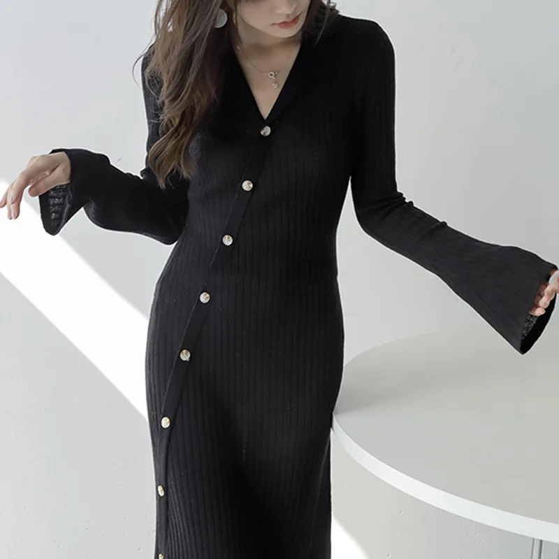 Knitted trumpet sleeve temperament women\'s spring and autumn slim-fit small lapel knitted dress