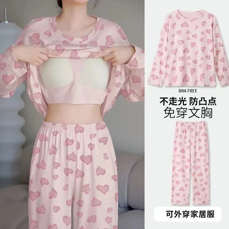 

Ladies Round Neck Loungewear Set Korean Women Sleepwear With Chest Cushion Two-piece Pajamas Femme Large Size 4XL Sleepwear 2PCS