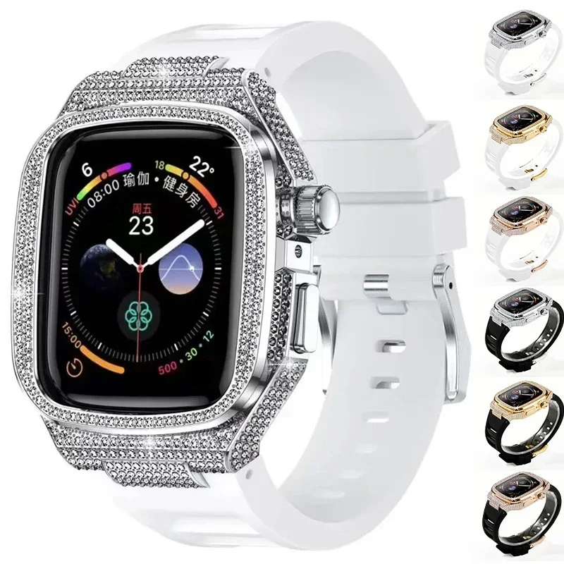 

Алмазный чехол для Apple Watch Band 10 9 8 7 46 мм 45 мм Комплект модификации корпуса из нержавеющей стали Резиновый ремешок для IWatch 6 5 SE 44 мм