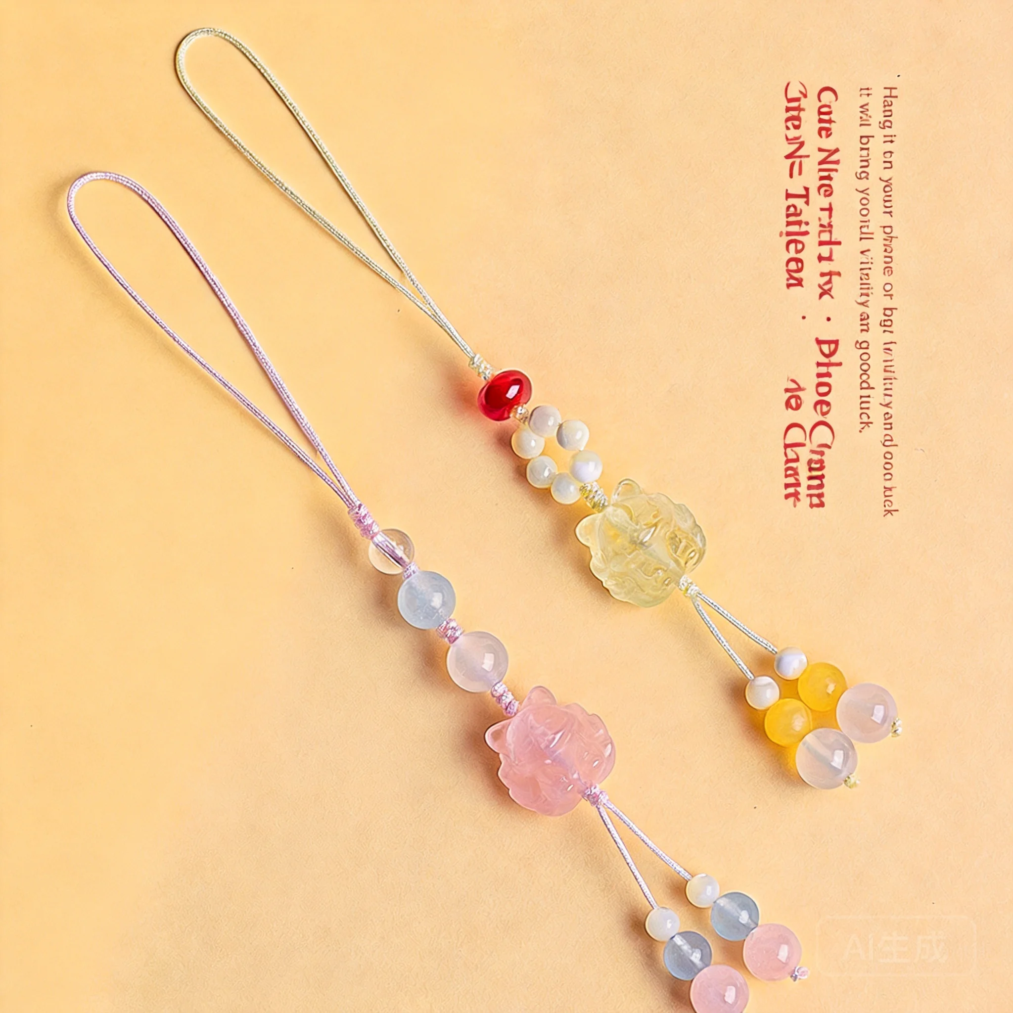 

Chinese Style Lucky Nine Tailed Fox Natural Rose Quartz Citrine Amethyst Crystal Beaded Phone Charm Bag Pendant Blessing Good