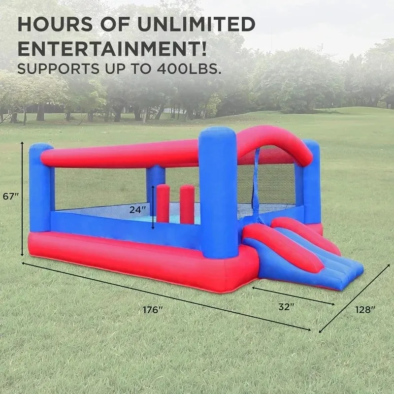 Inflatable Bounce House Blow-Up Jump Bouncy Castle for Kids with Air Blower, Stakes & Repair Kit Hours Backyard Play Party Fun