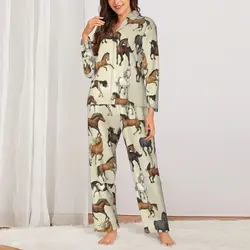 Pajamas Women Sunset Horse Leisure Sleepwear Horses Riding Funny 2 Pieces Vintage Pajamas Set Long Sleeve Oversized Home Suit