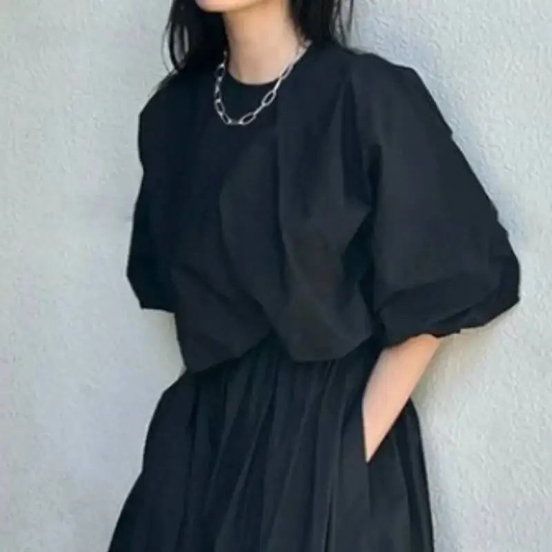

BabYoung Back Zipper Short Solid Color Blouses 2025 Summer New Loose Sleeve O Neck Women Tops Japan Simple Fashion Cloud Camisas