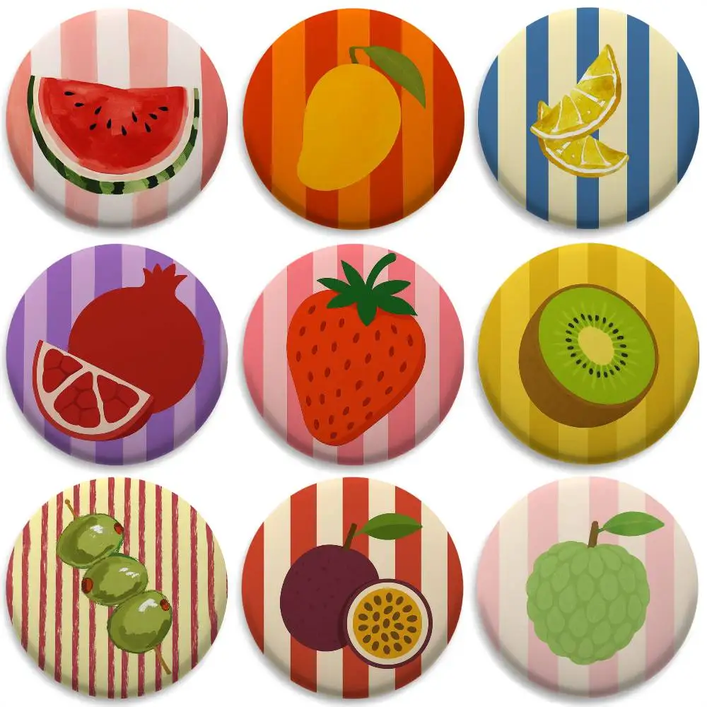 

Cute Art Cartoon Fruit Stripes Badges Round Exquisite Badge Brooches Creative Pins For Clothes Hat Backpack Gift Accessories