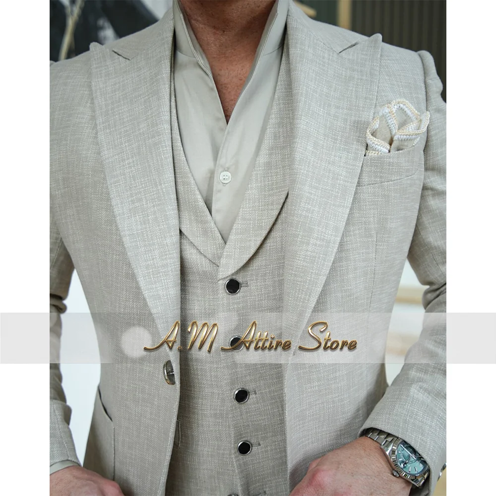 Men's Wedding Suit Grey Thin Linen Peak Lapel Blazer Vest Pants 3 PCS Set for Groom Wedding Prom Summer Party Custom Tuxedo