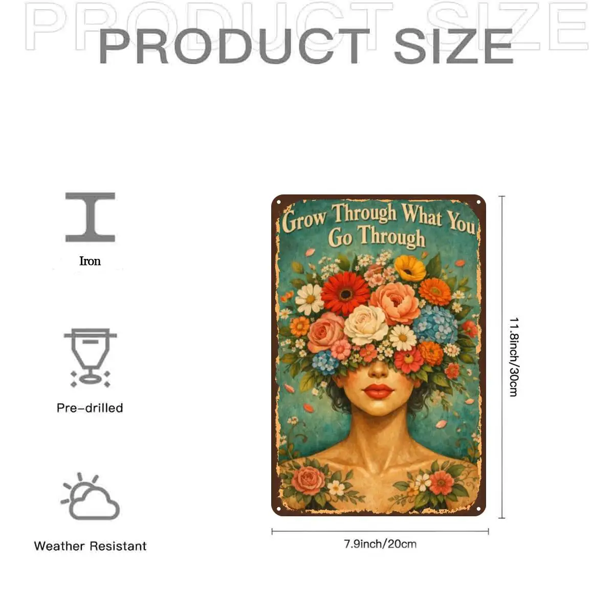 Floral Woman Vintage Art SignMetal Iron aluminum Sign, Pre-Drilled Holes, Suitable for Indoor, Garden,Outdoor, Home, Office