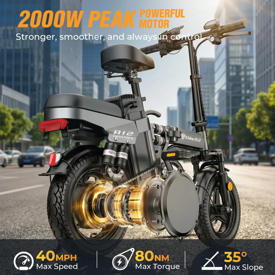 DTTZH A12S Folding Electric Bike for Adults, 14" Commuter E-Bike, 2000W Peak Motor, 52V 25Ah Removable Battery, 80 Miles Range, Remote Start, UL 2849 Certified image 4