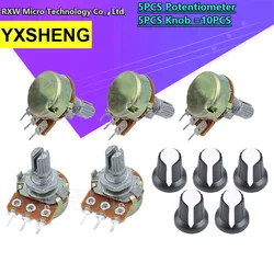 5Sets WH148 1K 2K 5K 10K 20K 50K 100K 500KΩ 15mm 3 Pin Linear Taper Rotary Potentiometer Resistor For Arduino With AG2 White Cap