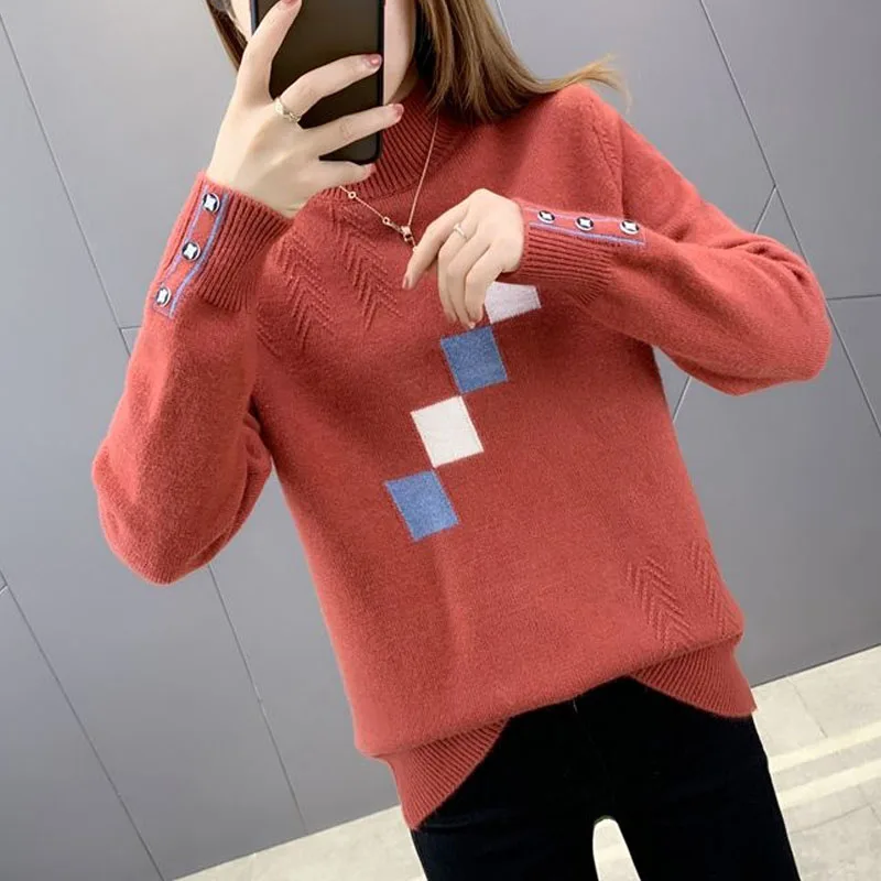 Autumn and Winter Fashion Trends Korean Edition Half High Neck Versatile Loose and Simple Color Matching Women\'s Knitted Sweater