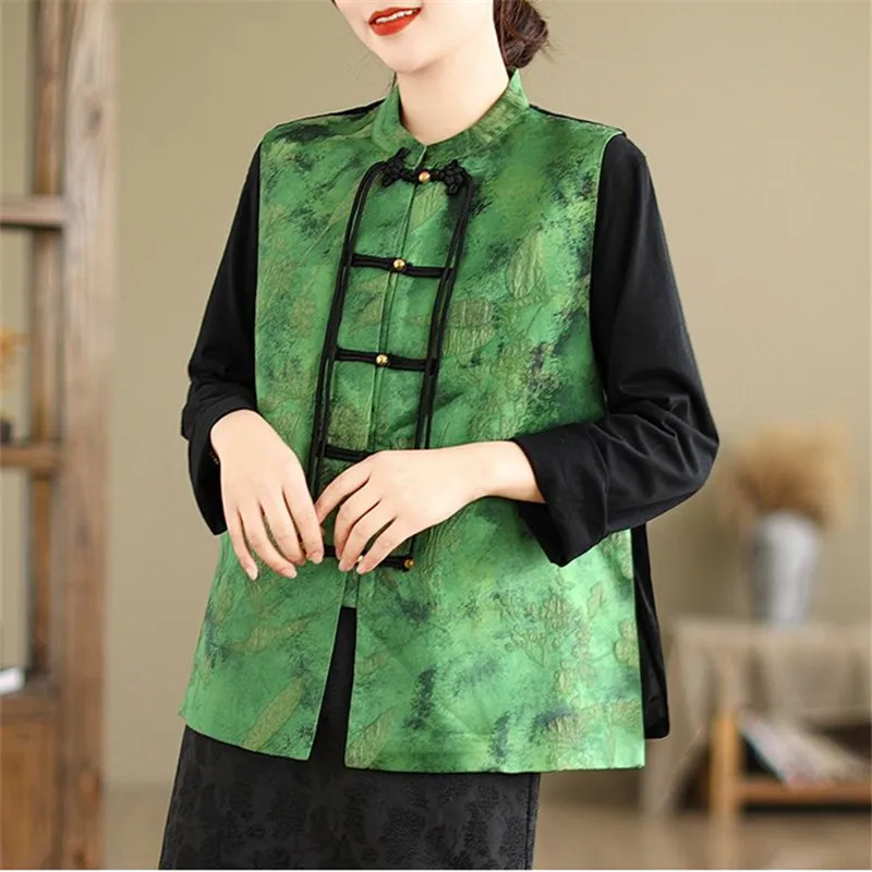 2024 Chinese Vintage Vest Ethnic Flower Print Tang Suit Vest Traditional Stand Collar Hanfu Tops National Wind Vest Waistcoat