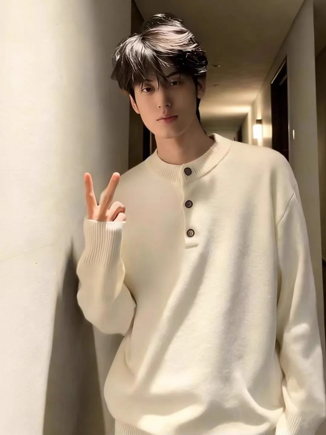 

American Sle Henry Collar Light Beige Knitted Sweater Men Winter Lazy Sle Base Layer Top Cleanfit Inner irt