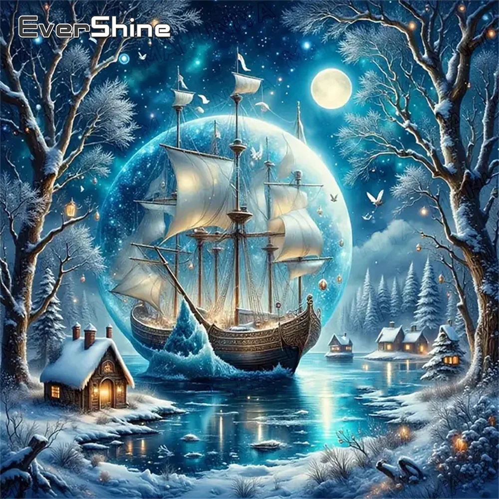 Evershine Schiff Diamant Malerei Landschaft Kreuzstich Fluss Stickerei Winter Geeignet für Anfänger Mosaik Baum Mond Wandkunst
