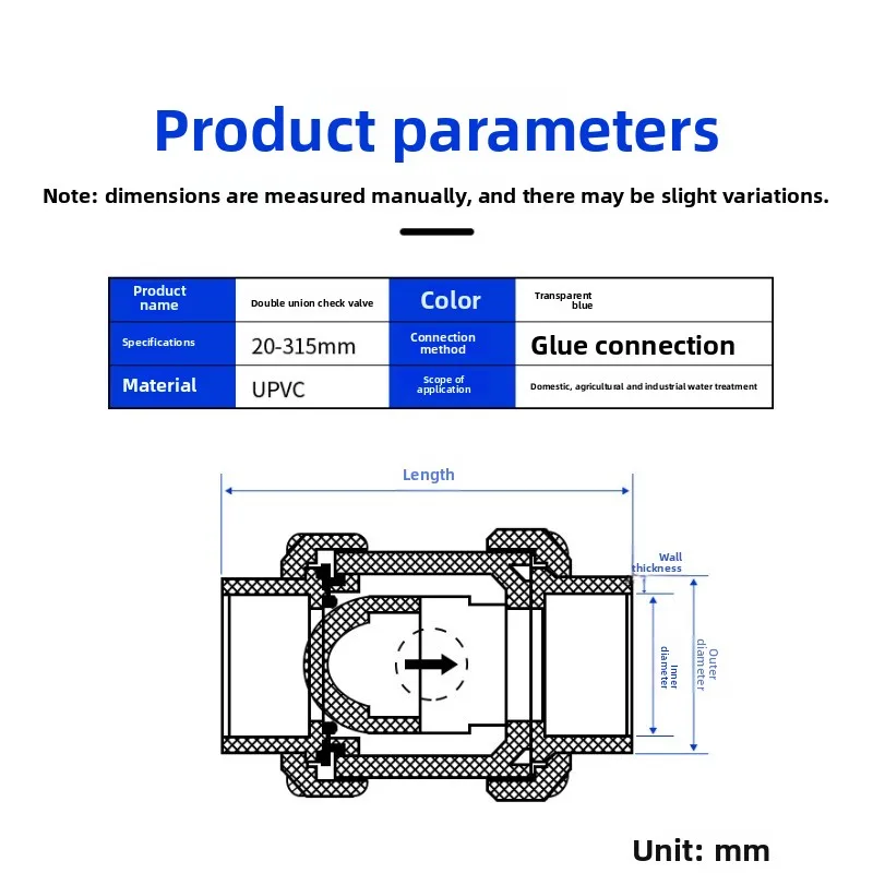 Transparent PVC Double Union Check Valve One Way Water Backflow Prevent Pipe Fitting 20/25/32/40mm