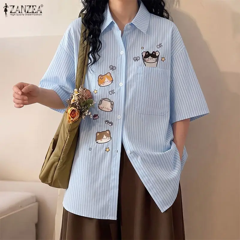 ZANZEA Women Shirts Striped Top Korean Style Tunic Casual Loose Half Sleeve Blusas Work Office Lapel Neck Tops Oversized