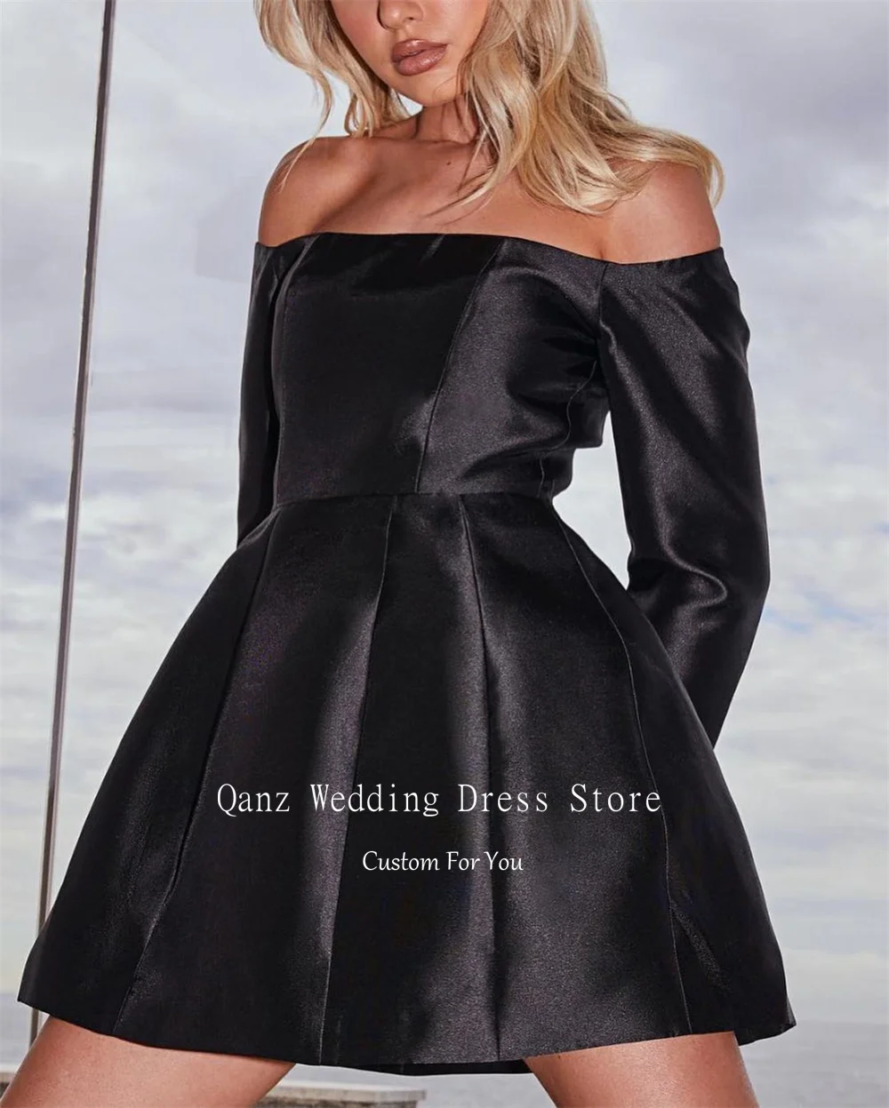 Qanz Hot Pink Satin Mini Prom Dress Women Plus Size Long Sleeves Boat Neck Short Cocktail Dresses Dress Party Night Customized