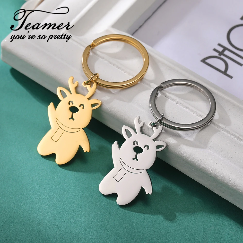 Teamer Christmas Scarf Deer Stainless Steel Keychain Gold Color Cute Animal Pendant Key Chain for Women Men Couple Jewelry Gift