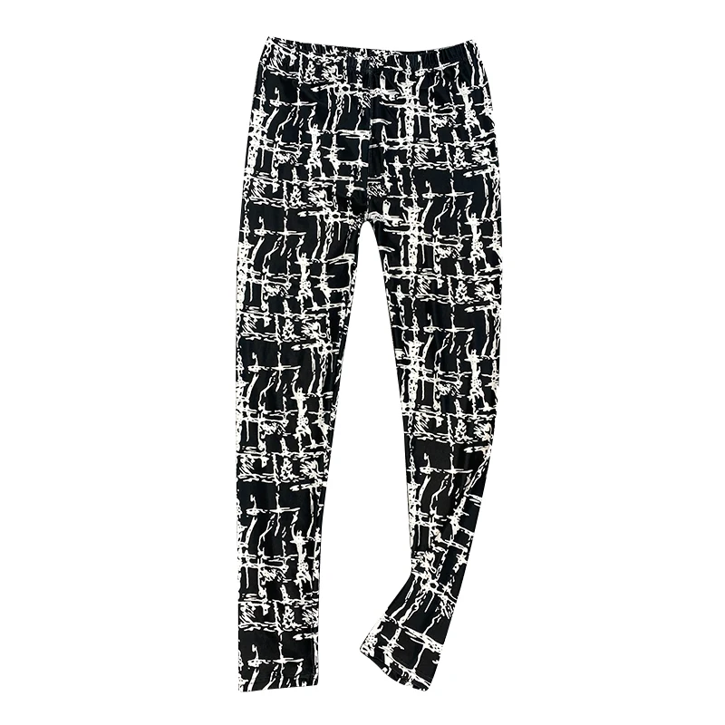 กางเกงเลกกิ้งเอวสูงพิมพ์ลายสำหรับผู้หญิง กางเกงโยคะบางแฟชั่น สีดำขาว กางเกงขายาว กางเกงซับใน