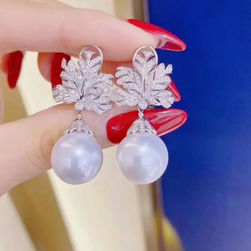 

gorgeous pair of 10-11mm south sea round white pearl dangle earring 925s