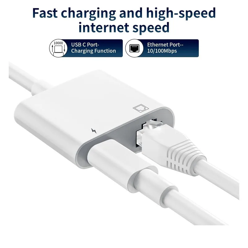 Apple MFi Certified USB C to Ethernet Adapter 2-in-1 RJ45 LAN Network Adapter with Type-C Charge Port 100M Data Transfer Speed