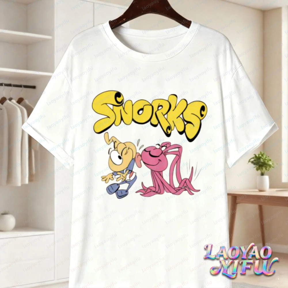Fashion Snorks Cartoon Graphic Short Sleeve Tshirt Loose Casual Cotton Tops Retro 80s Classic Animation Print Tee Fun Streetwear