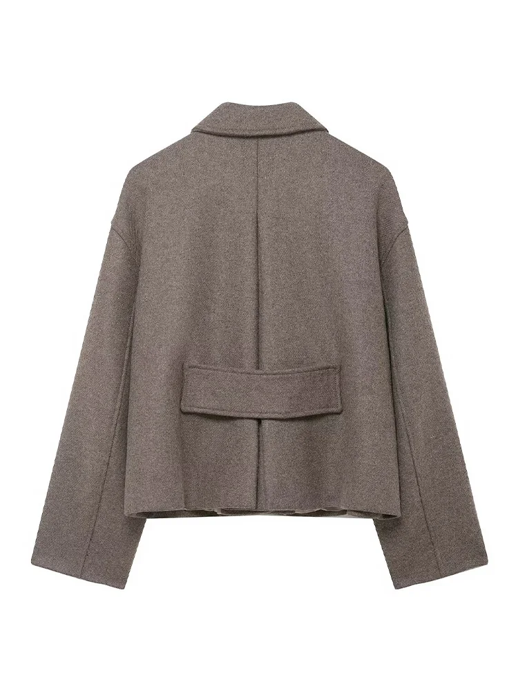 HH Women Elegant Turn-down Collar Single-Breasted Pockets Solid Coat Female Autumn Casual Woolen Long Sleeve Short Jacket Mujer