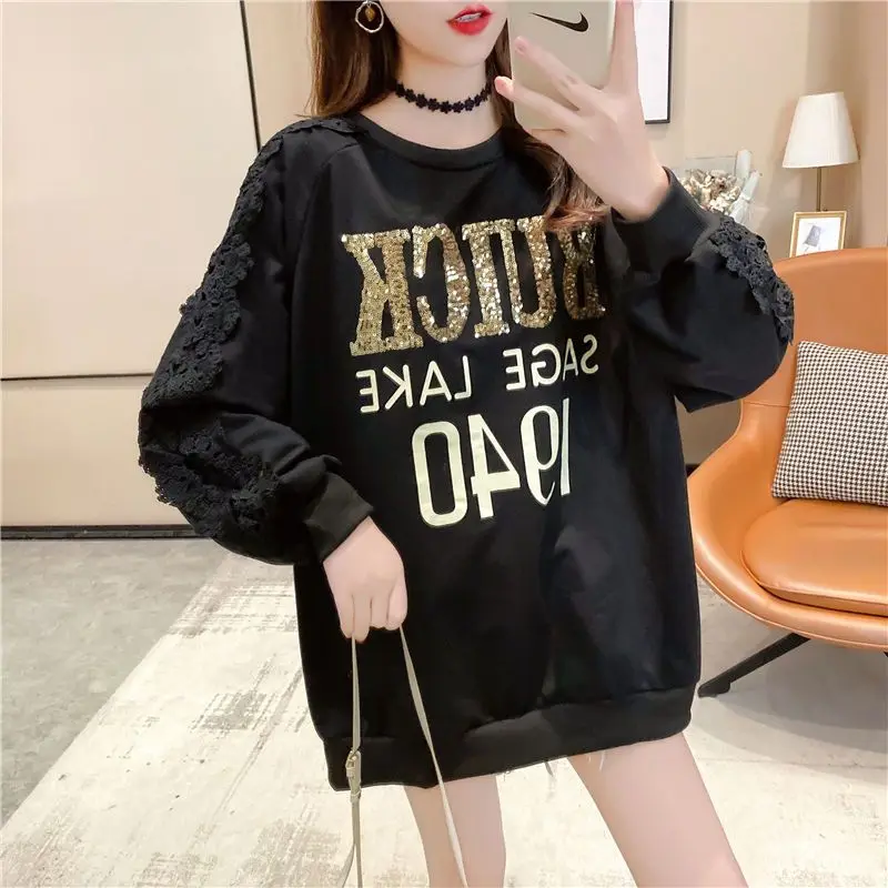 Plus Size Print Letter Hoodies Sweatshirts Spring Autumn Long Sleeve Loose Street Casual Pullovers Fashion Korean Women Clothing