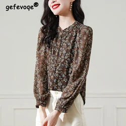 Women Korean Fashion Vintage Floral Print Button Up Shirt Stand Collar Elegant Office Lady Casual Blouse Long Sleeve Loose Tops