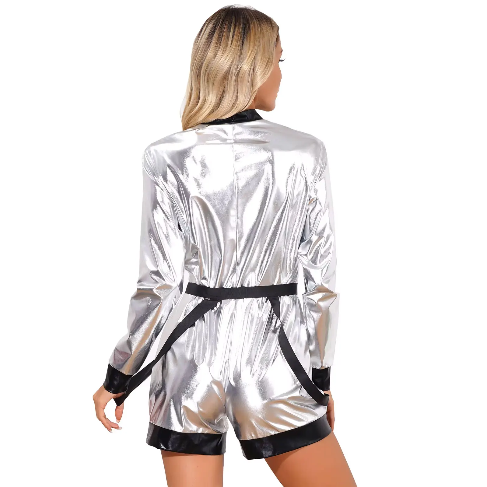 Halloween Silver Spacemans Costumes Women Shiny Metallic Space Suit Astronaut Jumpsuit Cosplay Party Dress Up Robot Outfits