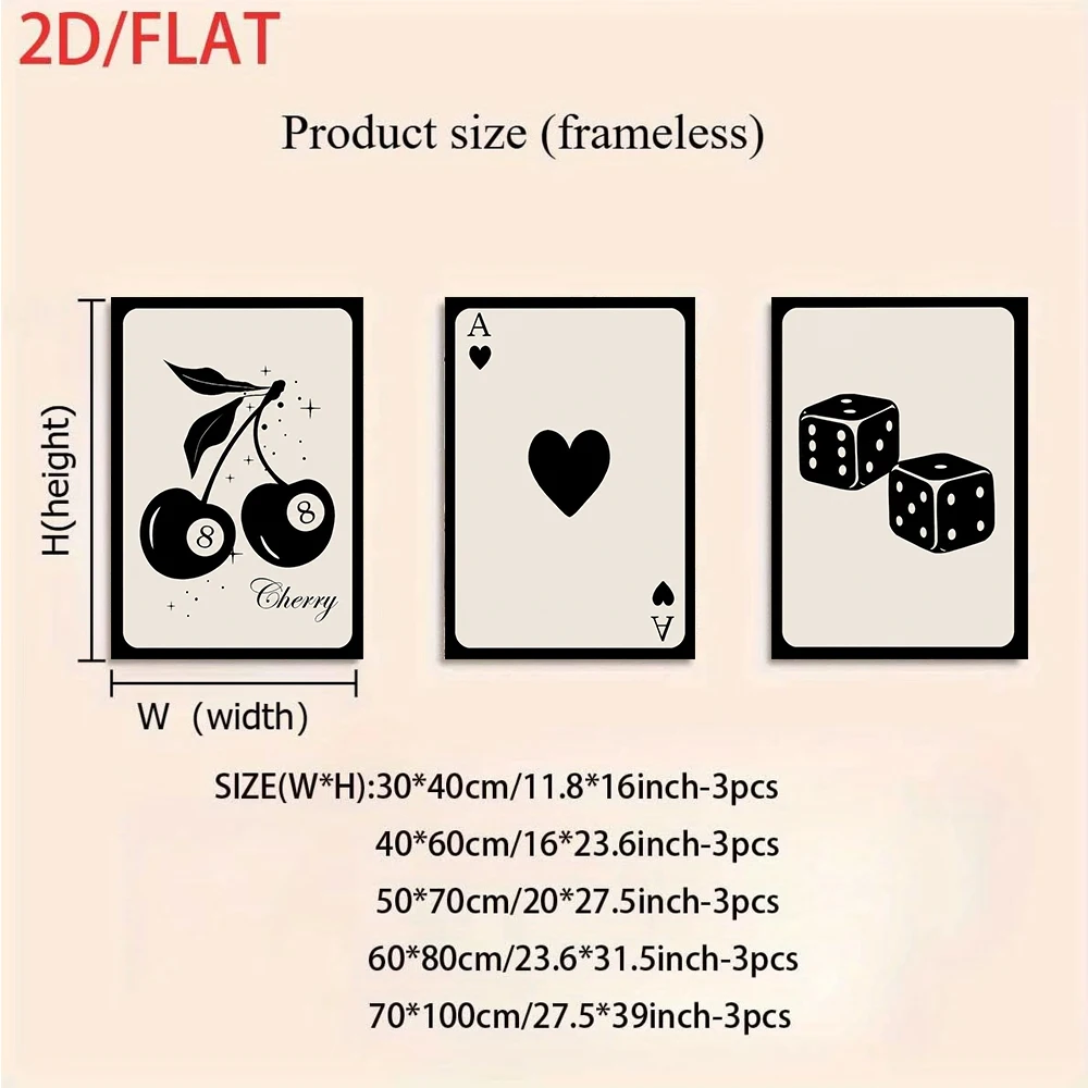 3pcs frameless Canvas Painting 1 set of playing cards, dice, and billiards decorative paintings, three-panel frameless paintings