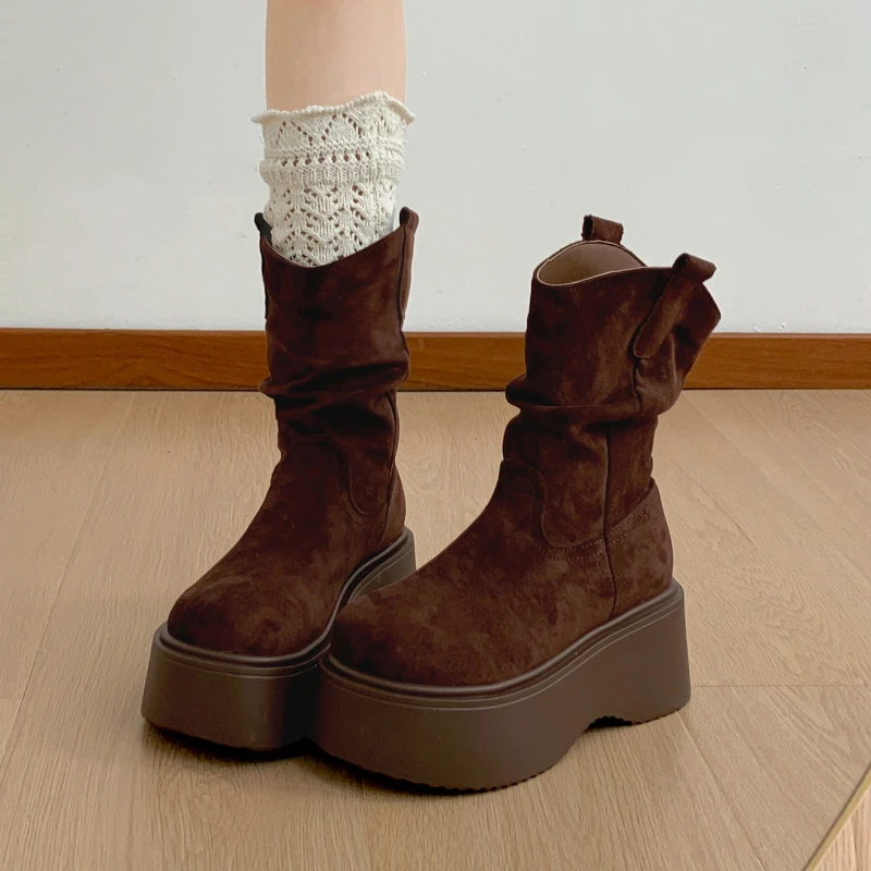 منصة مكتنزة سميكة وحيد امرأة حذاء من الجلد تصميم جولة تو الانزلاق على الأحذية 2025 الخريف الشتاء قصيرة بوتاس الفقرة Mujer #4
