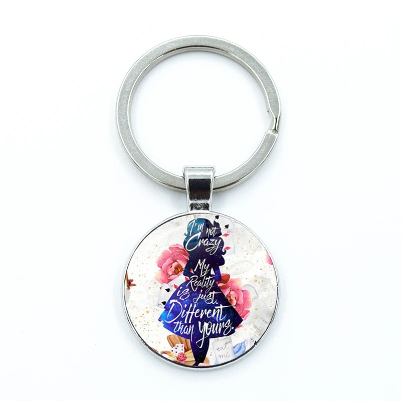 Alice In Wonderland Wonderland Garden Keychain Glass Cabochon KeyRing Bag Car Key Chain Ring Holder Charms Jewelry Gifts