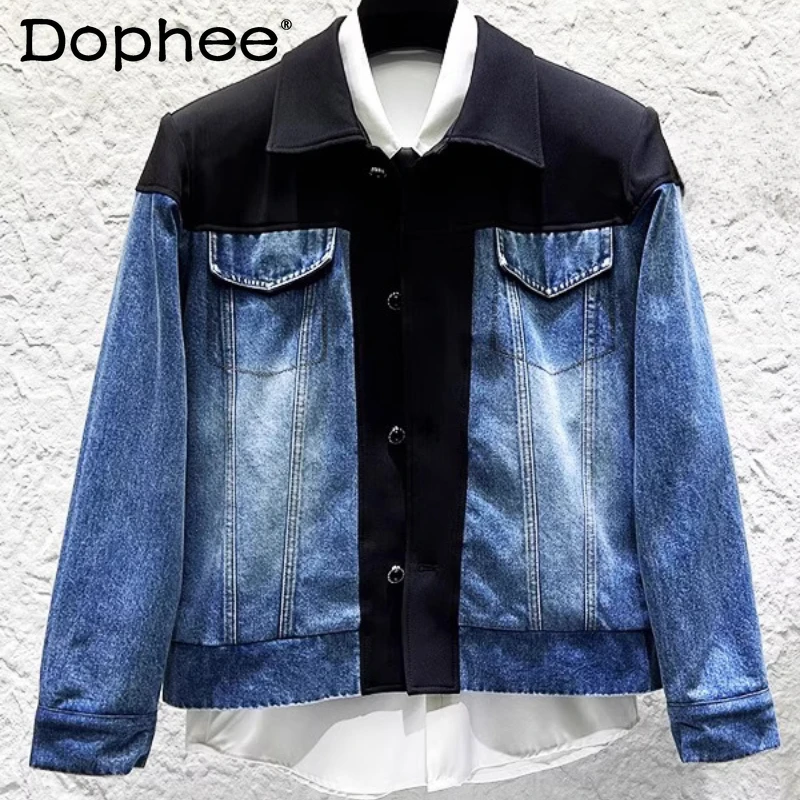 

Men's 2025 Autumn New Fashion Denim Tops Splicing Contrast Color Lapel Denim Jackets Men's Trend Loose Comfort Short Style Coats