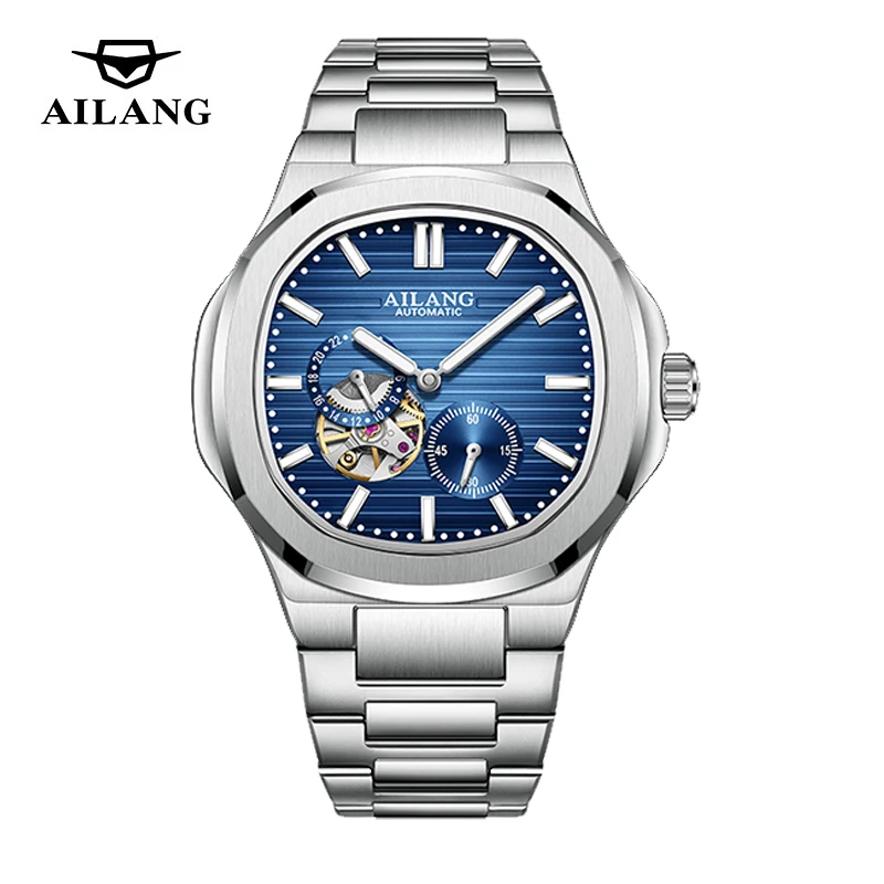 

AILANG модные брендовые синие механические часы для мужчин, водонепроницаемые светящиеся часы со скелетом из нержавеющей стали, спортивные полые квадратные часы
