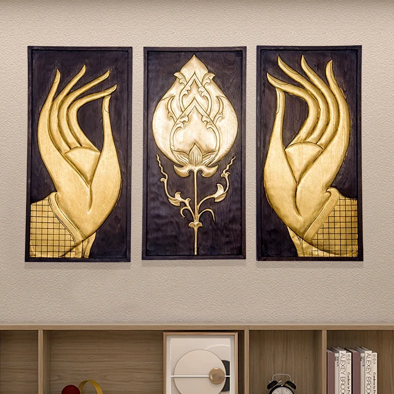 Thailand solid wood home wall hanging South East Asia wood carving teak bergamot lotus carving board porch background wall