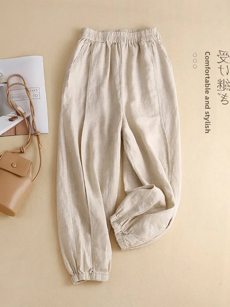 Spodnie damskie z wysokim stanem, luźny krój, długość 7/8, haremki, casualowe, z lnu, vintage, z detalami na zamek, model wyszczuplający.