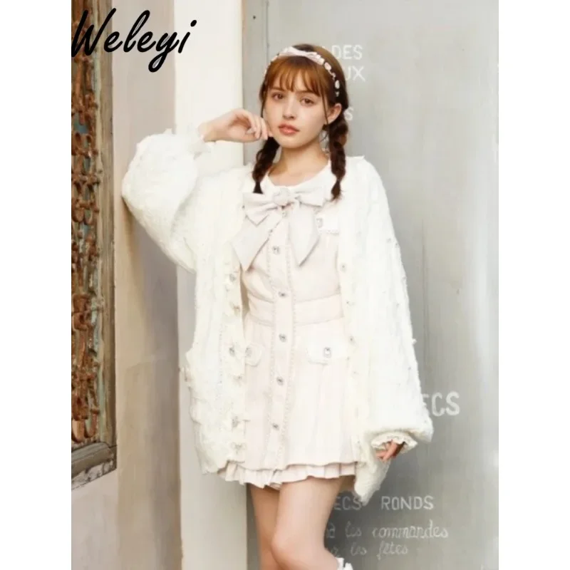 

Lolita Sweet Long Sweater Woman Jirai Kei 2024 Spring and Autumn New Japanese Style Women Cute Bow Brooch Long Knitted Cardigans